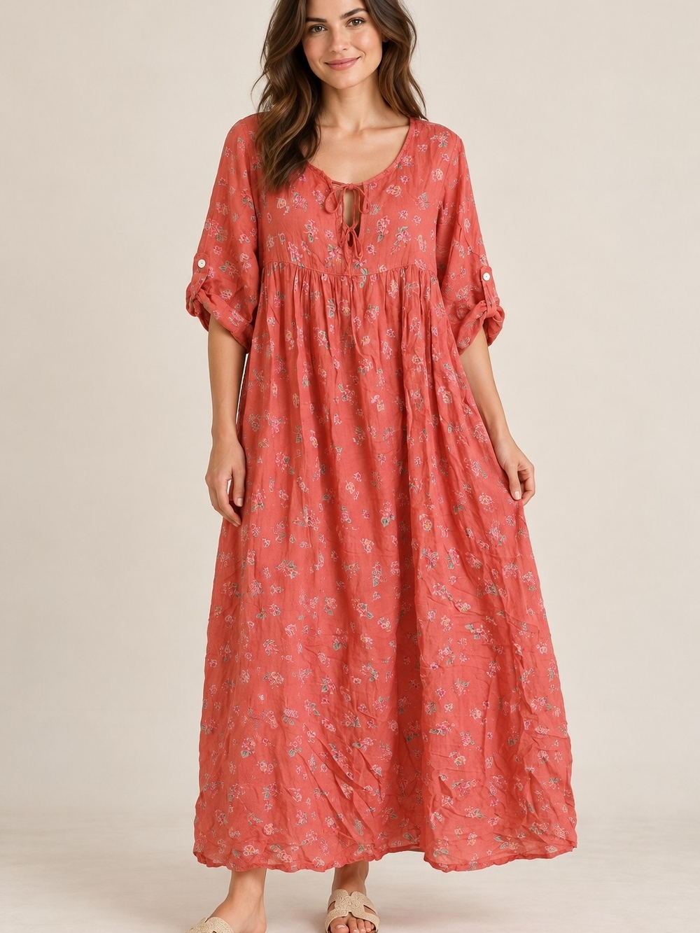 Boroore Floral Cotton Maxi Dress Coral Rust Puff Sleeve Tie Neck Made in Italy